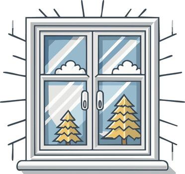 Cartoon winter scene viewed through a window with two evergreen trees and clouds vector