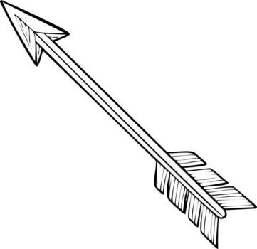 Simple black outline drawing of a traditional arrow with sharp head and feathered fletching vector