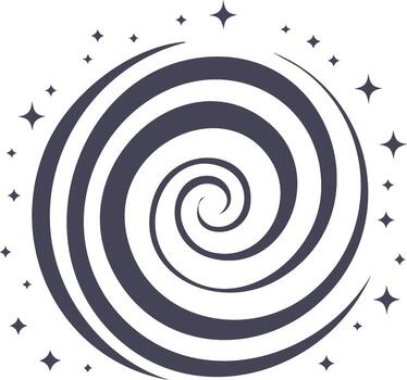 Abstract spiral design with orbiting stars, simple cosmic concept, elegant lines vector