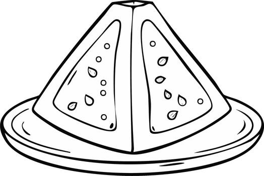 Black and white outline drawing of a refreshing pyramid fruit slice with seeds on a plate vector