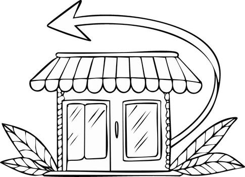Storefront with arrow and foliage in line art style for a return or back to business icon vector