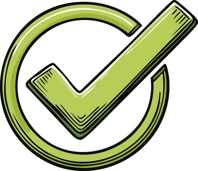 Hand-drawn green check mark inside a circle symbol of approval and confirmation vector