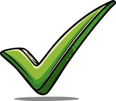 Cartoon Style Green Check Mark with Outline and Shadow on White Background vector