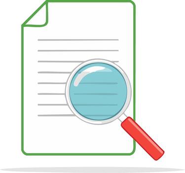 Magnifying glass inspecting a text document for search, audit, or analysis concept vector