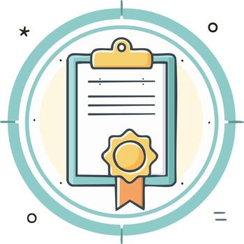 Illustration of a Certificate with a Seal inside a Circular Frame with Geometric Icons vector
