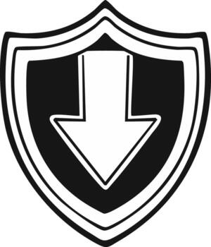 Shield with downward pointing arrow emblem simple black and white graphic symbol vector