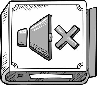Hand drawn grayscale mute speaker icon on a screen, signifying no audio or sound turned off vector