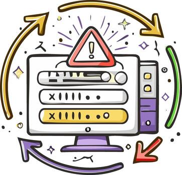 System error alert on a computer monitor with a warning sign and circular process arrows doodle vector