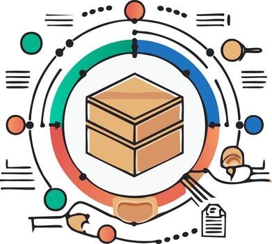 Conceptual illustration of supply chain management with a package and workflow diagram for logistics and fulfillment vector