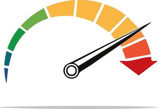 Gauge with downward arrow indicates low performance or decrease in speed, economy, or quality vector