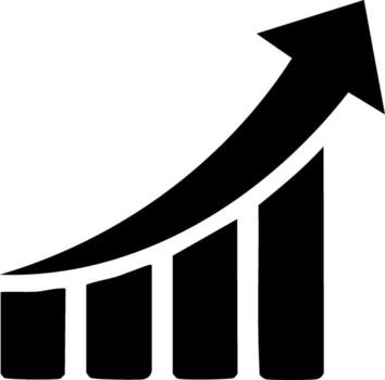Black growth chart icon with rising arrow and bar graph elements for finance and progress vector