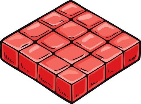 estilizado rojo cubo bloquear estructura en un isométrica vista, presentando un lustroso dibujos animados dibujado a mano diseño para resumen conceptos vector