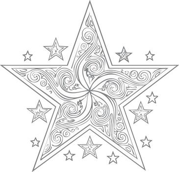 Ornate five pointed star with intricate swirling filigree pattern and smaller stars line art vector