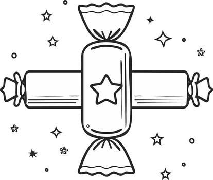 Festive wrapped candies with a star and sparkling elements in a delightful line art design vector