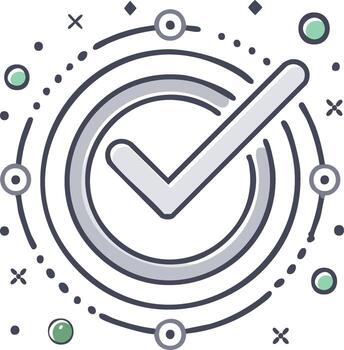 Abstract checkmark symbol with radiating concentric circles and small geometric shapes vector