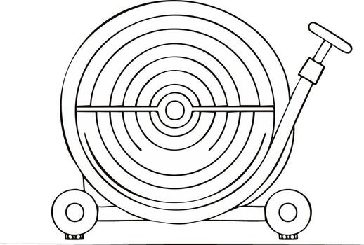 Outline drawing of a coiled hose on wheels with a handle vector