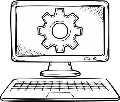 computadora monitor con un engranaje símbolo y un teclado en un línea Arte estilo vector