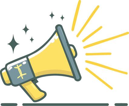 Dynamic yellow megaphone broadcasting a loud important message with sound waves and attention sparkles vector