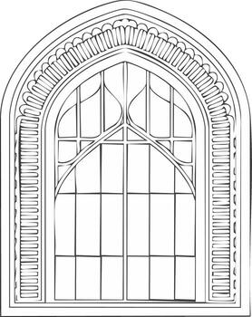 Gothic Arched Window Frame with Decorative Elements Outline Illustration Architectural Design Template vector