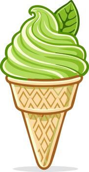 Refreshing green soft serve ice cream in a crunchy waffle cone with a mint garnish illustration vector