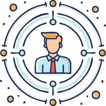 Person in blue shirt with red tie surrounded by network data flow circles and dots vector