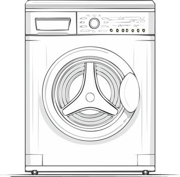 Detailed line art of a front-loading washing machine, emphasizing the sleek design, control panel, and circular door, clean illustration vector