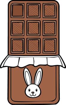 Adorable hand-drawn chocolate bar with cute bunny face design and open wrapper vector