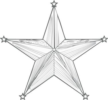 Geometric five-pointed star with hatching and smaller stars on tips line art vector