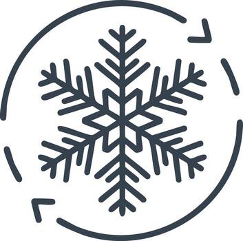 Minimalist Snowflake Outline Icon Enclosed in a Circular Arrow Indicating Rotation vector