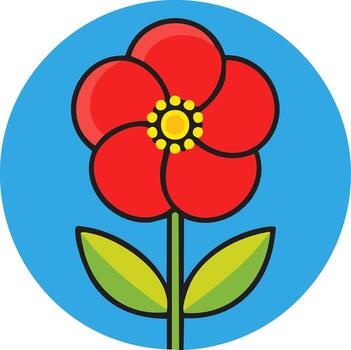 Stylized Red Flower with Five Petals Centered on Light Blue Round Background Design Element vector