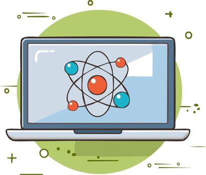 Laptop screen displaying an atomic model with orbiting electrons and nucleus vector