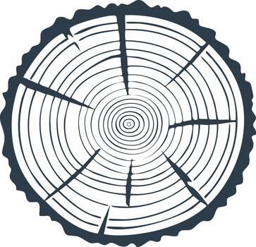 Cross section of tree trunk showing growth rings and bark texture in monochrome silhouette vector