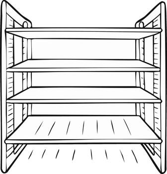 Doodle style illustration of a three-tiered storage shelving unit for organizing items in home and business spaces vector
