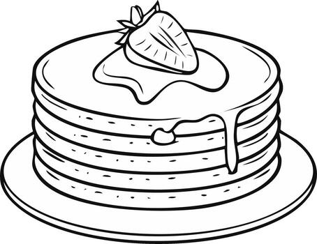 Stack of pancakes with strawberry and syrup drawing vector