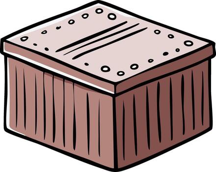 Isometric cartoon box illustration with vertical lines and circular accents on the top, simple design vector