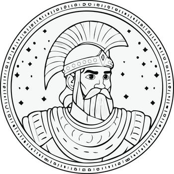 Bearded Warrior Head in Spartan Helmet within Digital Code Circle Line Art vector