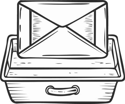 Monochrome sketch of a single mail envelope upright in a desktop inbox tray vector