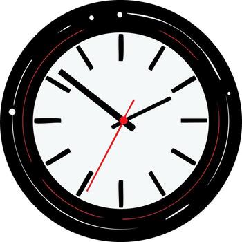 Illustration of a classic round wall clock with black frame and red second hand indicating time vector