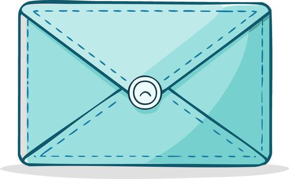 Stylized light blue envelope illustration with a circular button and dashed seam details vector