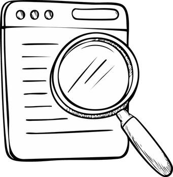 Hand drawn magnifying glass examining a web page document. Concept of searching exploring information online vector