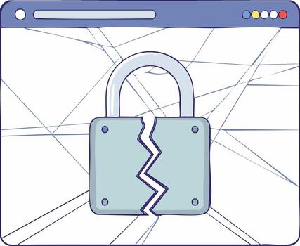 Broken padlock on a cracked computer screen symbolizing data breach and cybersecurity failure vector
