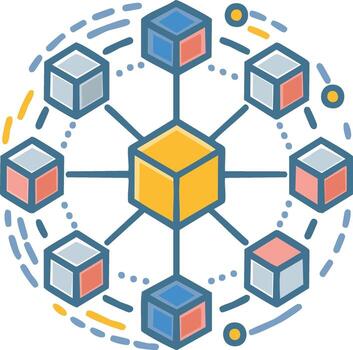 Modern abstract decentralized blockchain network connecting vibrant data cubes vector