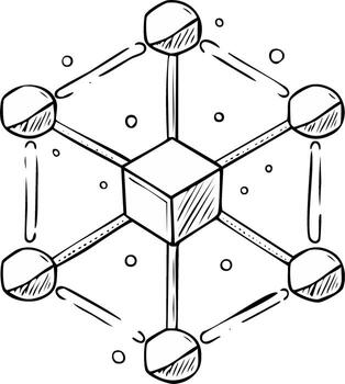 Abstract network structure hand drawn with central cube and six connected nodes vector