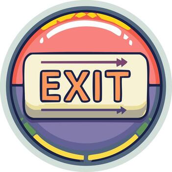 Cartoon exit sign with direction arrow symbol and colorful design elements, safety concept icon and evacuation route vector