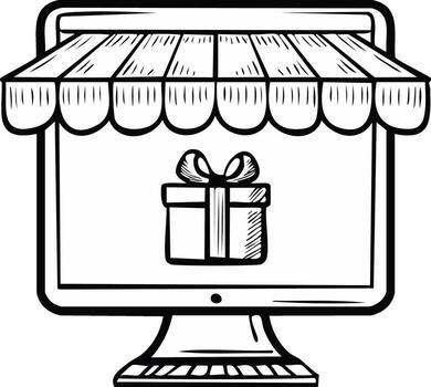 Online Store Front Display with Gift Box inside Digital Computer Screen Graphic Style with Awning vector