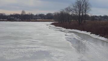 tyst frysta sjö scen i en förorts område under sent vinter. de yta av de sjö är täckt med en tjock smält lager av is, kantad förbi torr gräs och bar träd video