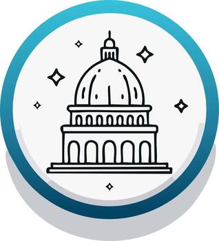Iconic dome building symbol with sparkles and a blue gradient circle border vector