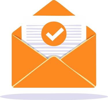 naranja sobre conteniendo un documento con un marca de verificación indicando confirmación o exitoso terminación de tarea vector