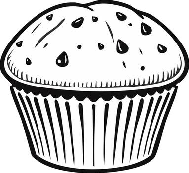 Hand drawn illustration of a single chocolate chip muffin in a wrapper with a domed top vector