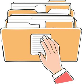 Illustration of a hand reaching into a file box, selecting a document from organized folders vector